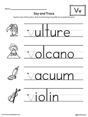 Say and Trace: Letter V Beginning Sound Words Worksheet