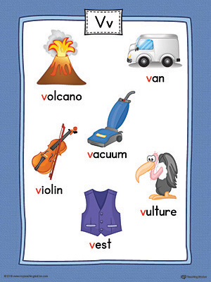 Letter V Word List with Illustrations Printable Poster (Color