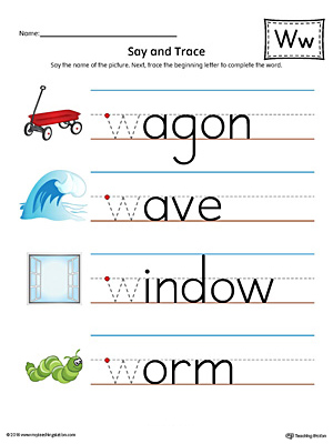 Say and Trace: Letter W Beginning Sound Words Worksheet (Color)
