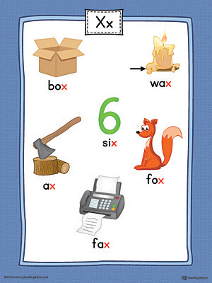 Letter X Word List with Illustrations Printable Poster (Color