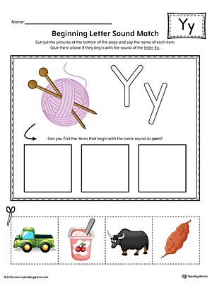Letter Y Beginning Sound Picture Match Worksheet (Color)