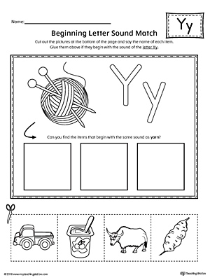 Practice matching the picture that represents the beginning sound of the letter Y with the correct letter shape.