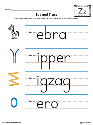 Say and Trace: Letter Z Beginning Sound Words Worksheet (Color