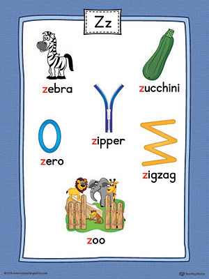 Letter Z Word List with Illustrations Printable Poster (Color