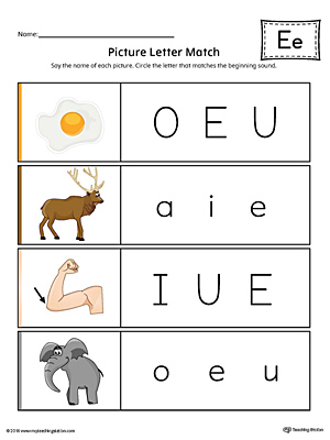 Picture Letter Match: Letter E Worksheet (Color)