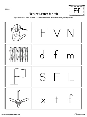 Use the Picture Letter Match: Letter F printable worksheet to practice recognizing the beginning sound of the letter F.