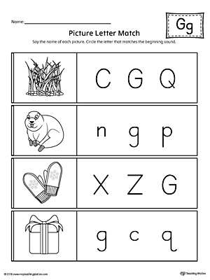 Use the Picture Letter Match: Letter G printable worksheet to practice recognizing the beginning sound of the letter G.