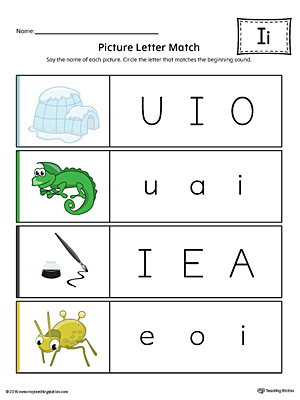 Picture Letter Match: Letter I Worksheet (Color)