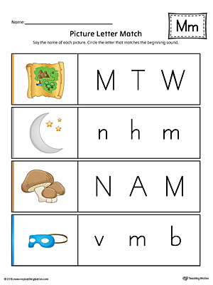 Picture Letter Match: Letter M printable worksheet will help your preschooler practice recognizing the beginning sound of the letter M.