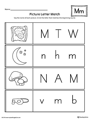 Use the Picture Letter Match: Letter M printable worksheet to practice recognizing the beginning sound of the letter M.