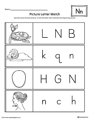 Picture Letter Match: Letter N Worksheet