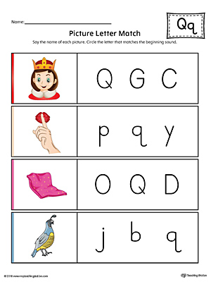 Picture Letter Match: Letter Q Worksheet (Color)