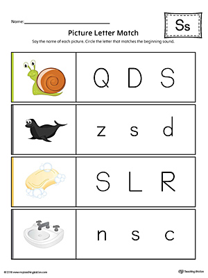 Picture Letter Match: Letter S Worksheet (Color)