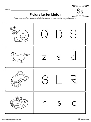 Use the Picture Letter Match: Letter S printable worksheet to practice recognizing the beginning sound of the letter S.