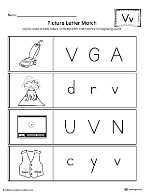 Picture Letter Match: Letter V Worksheet