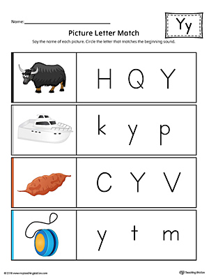 Picture Letter Match: Letter Y printable worksheet will help your preschooler practice recognizing the beginning sound of the letter Y.