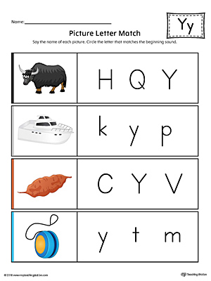 Picture Letter Match: Letter Y Worksheet (Color)