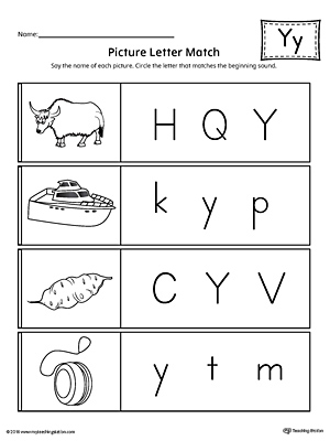 Picture Letter Match: Letter Y Worksheet