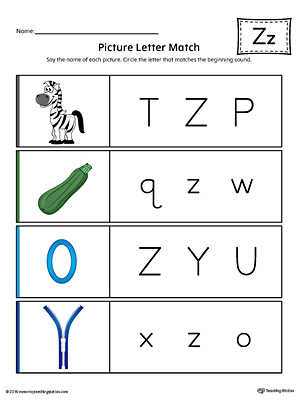 Picture Letter Match: Letter Z Worksheet (Color)