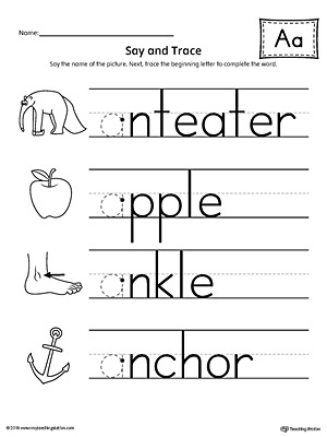 Use the Say and Trace: Short Letter A Beginning Sound Words Worksheet to help your preschooler practice recognizing the beginning sound of the letter A and tracing the letter.