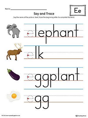 Practice saying and tracing words that begin with the short letter E sound in this printable worksheet.