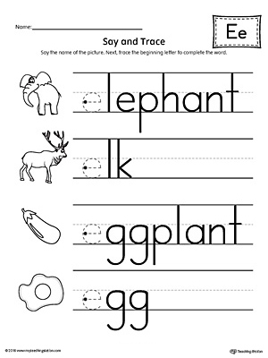 Say and Trace: Short Letter E Beginning Sound Words Worksheet