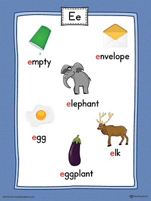 Short Letter E Word List with Illustrations Printable Poster (Color