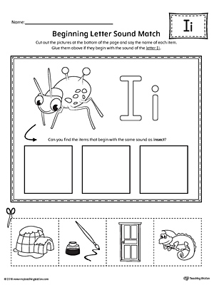 Practice matching the picture that represents the beginning sound of the short letter I with the correct letter shape.