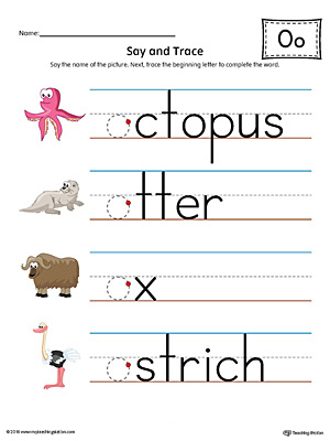 Practice saying and tracing words that begin with the short letter O sound in this printable worksheet.