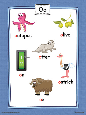 Short Letter O Word List with Illustrations Printable Poster (Color