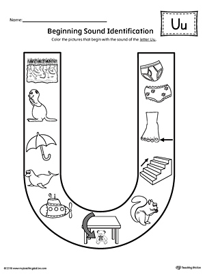 Short Letter U Beginning Sound Color Pictures Worksheet