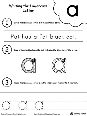 Practice writing alphabet lowercase letter A in this printable worksheet.