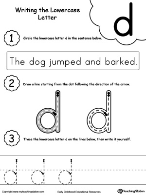 Practice writing alphabet lowercase letter D in this printable worksheet.