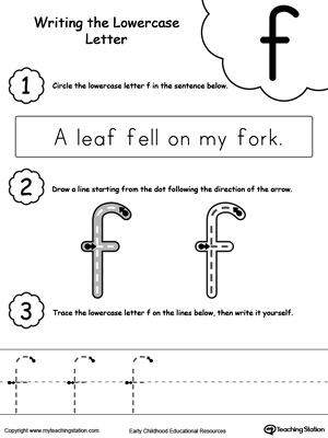Practice writing alphabet lowercase letter F in this printable worksheet.
