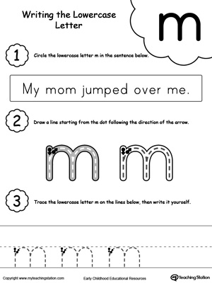 Practice writing alphabet lowercase letter M in this printable worksheet.