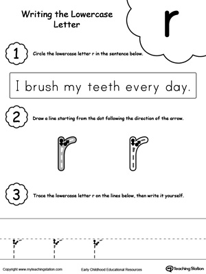 Practice writing alphabet lowercase letter R in this printable worksheet.