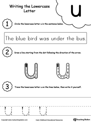 Practice writing alphabet lowercase letter U in this printable worksheet.