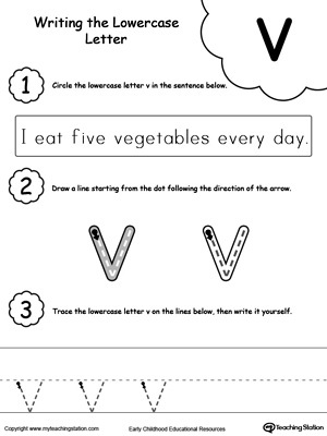 Practice writing alphabet lowercase letter V in this printable worksheet.