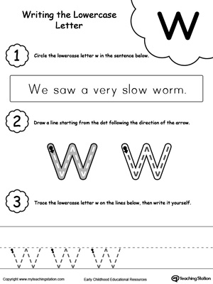 Practice writing alphabet lowercase letter W in this printable worksheet.