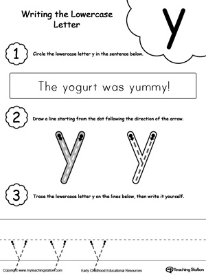 Practice writing alphabet lowercase letter Y in this printable worksheet.