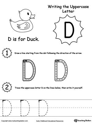 Help your child practice writing the uppercase letter D with this printable worksheet.