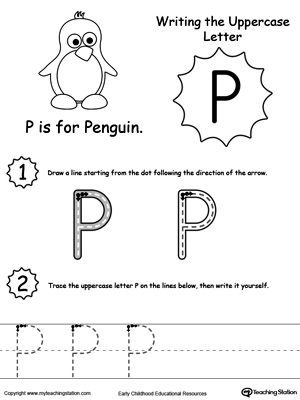 Help your child practice writing the uppercase letter P with this printable worksheet.