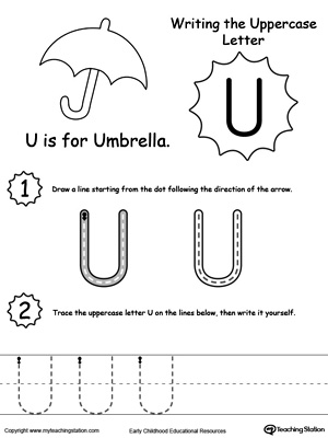 Help your child practice writing the uppercase letter U with this printable worksheet.