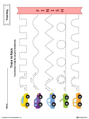 prewriting line tracing to race worksheet in color myteachingstationcom