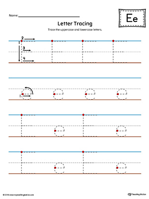 Trace the uppercase and lowercase letter E in this printable worksheet with red and blue guiding lines.