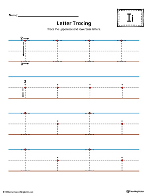 Trace the uppercase and lowercase letter I in this printable worksheet with red and blue guiding lines.