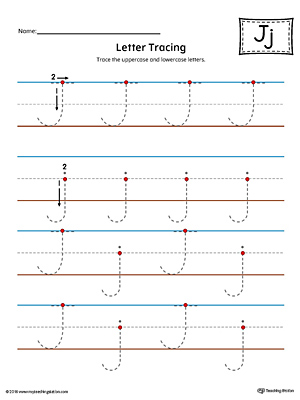 Trace the uppercase and lowercase letter J in this printable worksheet with red and blue guiding lines.