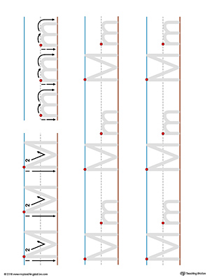 Practice writing the lowercase and uppercase letter M with this printable writing mat.