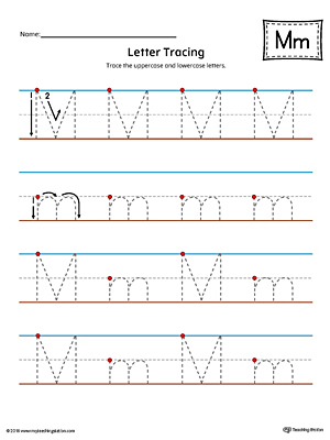 Trace the uppercase and lowercase letter M in this printable worksheet with red and blue guiding lines.