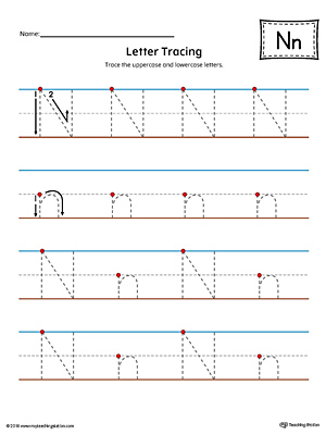 Trace the uppercase and lowercase letter N in this printable worksheet with red and blue guiding lines.